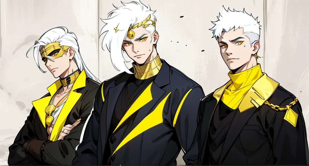 There are 5 Egyptian gods, one of them is intimidating. They have a youthful appearance of 17 years old, white hair, big yellow eyes, they have golden jewelry, black and yellow clothes.