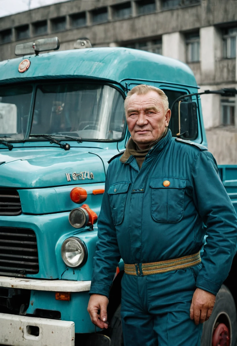 color photo. ZIL-130 truck driver in the USSR. Portrait photo next to the truck or in the truck cab. high detail