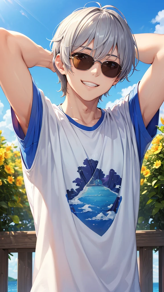 ((Masterpiece、high resolution、High definition、32K))、Focus on the upper body、1 young man、sunglasses、Grin、Cropped silver hair、Golden Eyes、Toplesuscular build、((Put your arms behind your head))、Summer blue sky、smile、Staring at me、