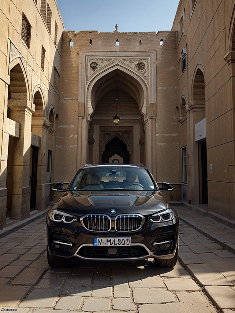 a modern bmw suv near a historical structure in isfahan of iran