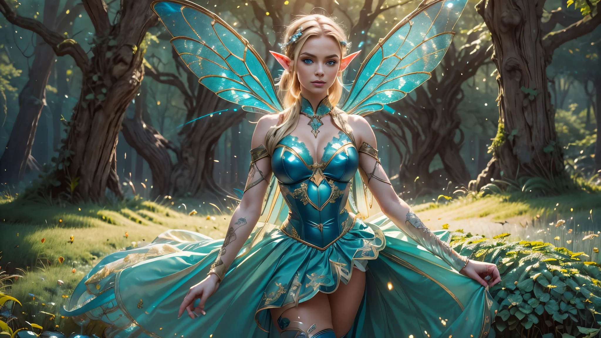Beautiful faerie woman, elf ears, flying, hovering, floating, centered holographic dragonfly wings, balanced wings, glowing blue eyes, detailed realistic eyes, detailed proportional hand, manicured hands, four fingers on each hand, one thumb on each hand, detailed fingers, proportional fingers, painted fingernails, graceful hands, proportional legs, proportional arms, proportional body, firm breast, smiling, silk tutu, ballet pose, magic glitter, oak tree forest, frank Frazzetta painting style, (Best Quality:1.4), (Ultra-detailed), (extremely detailed CG unified 8k wallpaper), Highly detailed, RAW Photos, Professional Photography, plein air, Illumination, (Super fancy photos:1.4), (Dazzling light), Radiant Photography, depth of fields,