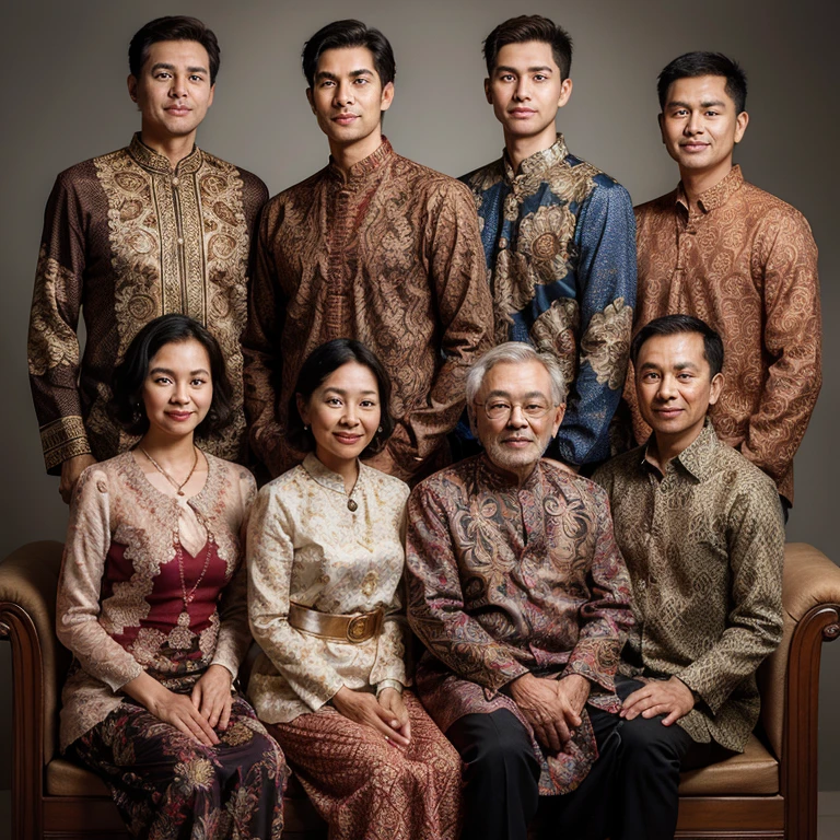Indonesian family studio photo portrait with elegant batik clothes father (height 160cm, age 60 years) and mother (height 150 cm age 50 years) placed in the front center, between father and mother there is a daughter (height 165cm age 29 years). the first son (height 170cm age 35 years) on the right edge second there is a boy (height 165cm age 31 years) left edge, the center of the 4th (height 168cm age 27 years) and the 5th son (height 170cm age 35 years) with a wall decoration background.