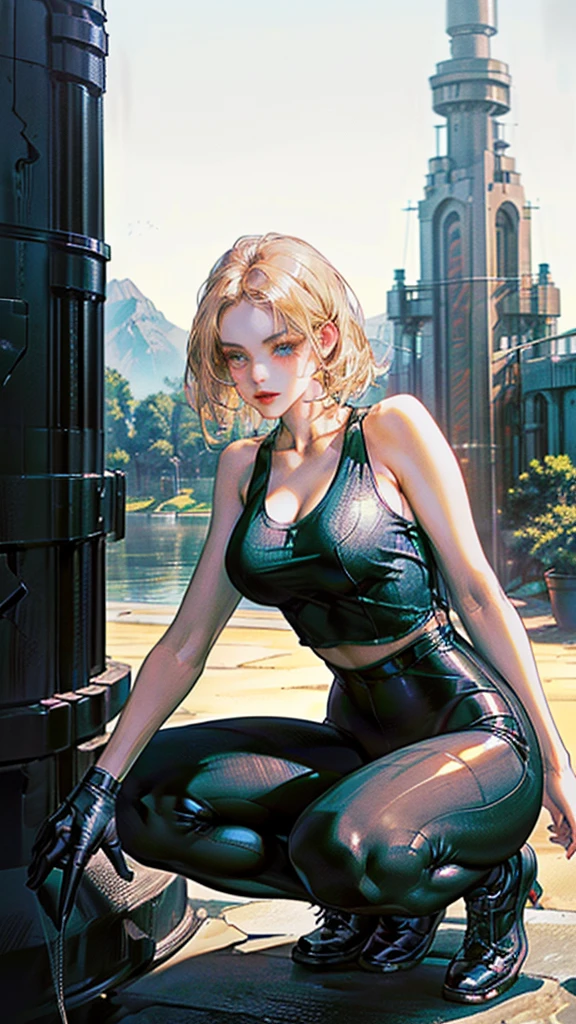 (((gorgeous girl, sitting in a squat position, the girl has curvy body, wide hips narrow waist big breast, background of a super detailed street with trees and aesthetic path to a mountain, wearing super tight transparent black leggings and a black tight tank top))) ((ultra high quality, masterpiece, cozy vibe, modern background, ultra high resolution, ultra detailed, ultra detailed clothes, ultra detailed character, ultra detailed face, ultra detailed eyes, ultra detailed mouth, ultra detailed hairs, ultra detailed background, best quality, highest quality, ultra vibrant, ultra sharp, ultra crispy, ultra clear, ultra sharp focus, intricate details, ultra detailed depth, ultra detailed darker parts and lighter parts, ultra detailed objects, ultra detailed background objects, ultra detailed colors, ultra detailed lines, ultra detailed textures, ultra detailed physics, ultra detailed expressive image, amazing scenery, amazing view, golden ratio, breathtaking beauty, eye catching, ultra detailed amazing scenery, cozy scenery, correct anatomy, perfect anatomy, detailed molecules. detailed atoms, high quality shadow, high quality contrast, high quality vibrancy, background that complements the image’s aesthetics))