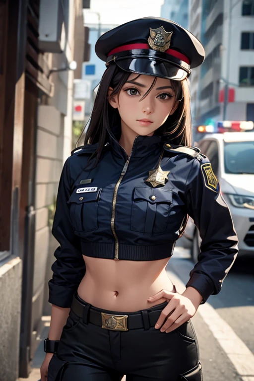 Women in crop top police uniform, police hat, exposed abdomen area, very low waist cargo pants, police truncheon, ((realistic bellybutton)) , standing,