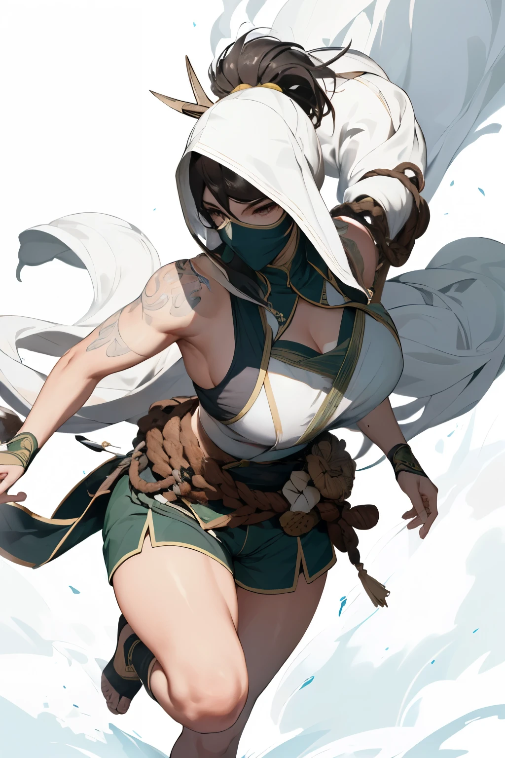 (mejor calidad,4k,8K,A high resolution,obra maestra:1.2),fondo de humo, akali, 1 giant breasted girl, largo_la manga,capucha blanca,shorts blancos,,Tatuado con , Permanent, lleno_cuerpo, arma,hoz,dagas,,botas blancas, Leucorrhoea,white mask,Actividades al aire libre,edificios