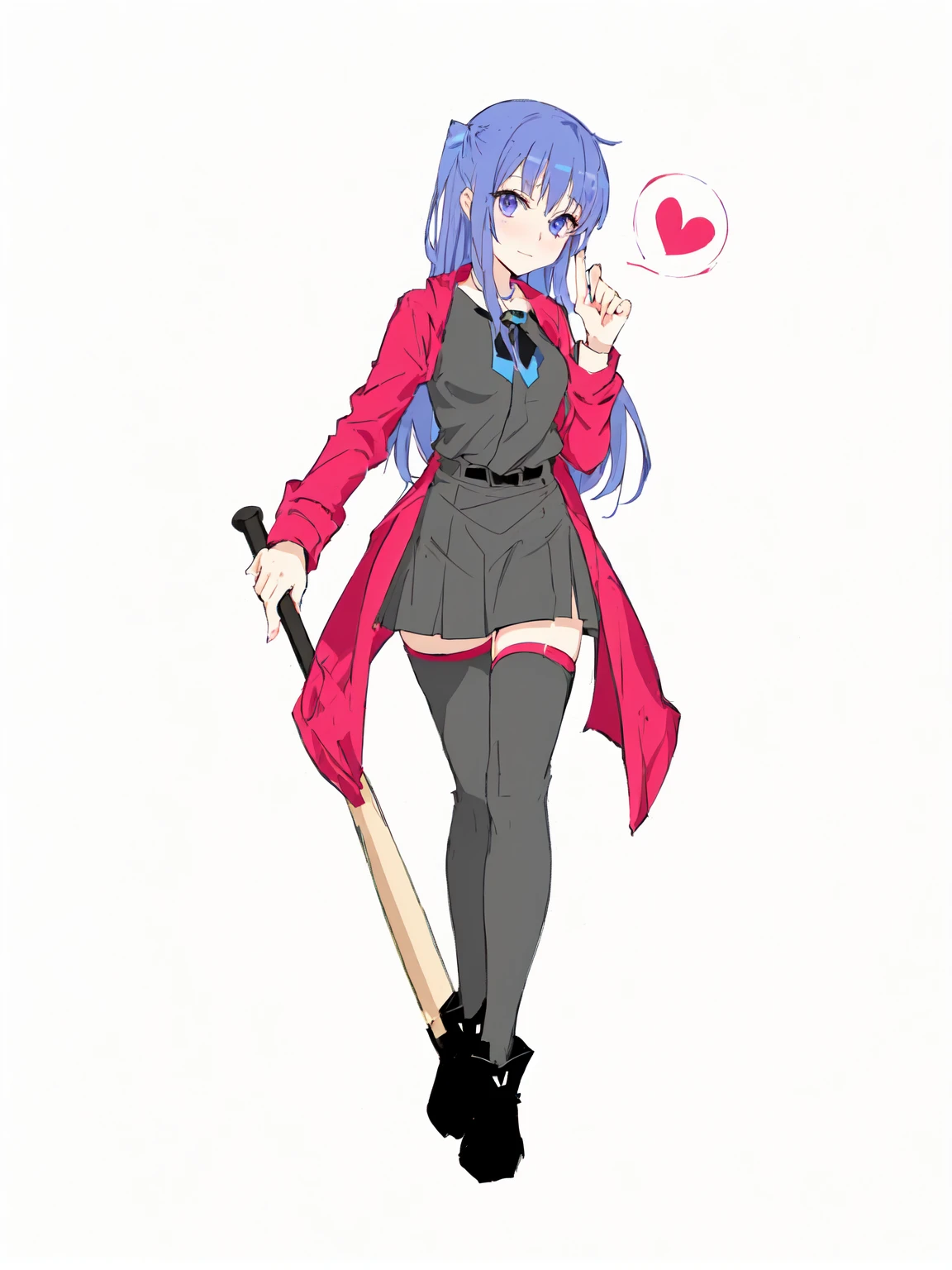 Anime girl with blue and purple hair, adult girl holding a baseball bat, gapmoe yandere, yandere. High, yandere, 2D anime style, gapmoe yandere grimdark, anime style character, anime style as fate/stay the night, made in anime artist studio, anime mo art style, some red and purple, anime character, cel - shaded art style, ((love letter in hand)), love letter, letter in hand, letter, pink letter, valentine, correct hand anotomy