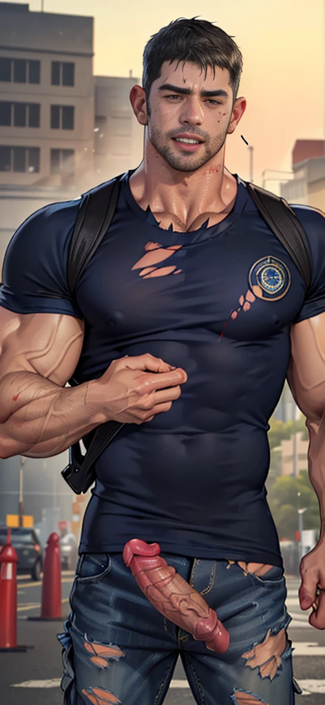 (Create a masterpiece: 1.2),(CGI art:1.3),(realistic:1.5),(After processing:1.3),(Sharp focus:1.3), (Close your eyes.), Open mouth, show teeth, , straight, front ,Chris Redfield ,(black hair), smile open mouth, , (Wear color navy round neck T-shirt: 1.5), (with a Police badge: 1.2), navy cargo, (Torn shirt:1.4), (wound: 1.3) , (blood splatters) ,( abrasions on face: 1.2), (Blood stains on the face and body: 1.2), Korean guy , korean men, (High gloss details), chest muscles, large arm muscles, blood vessel, Big muscles, Broad shoulders, looking at the audience, Balancing the eyes, middle of the road , (Carrying a black backpack: 1.3) ,( penis: 1.5), (genital very long big : 1.5), (Big testicles), (Erection of the penis: 1.5),