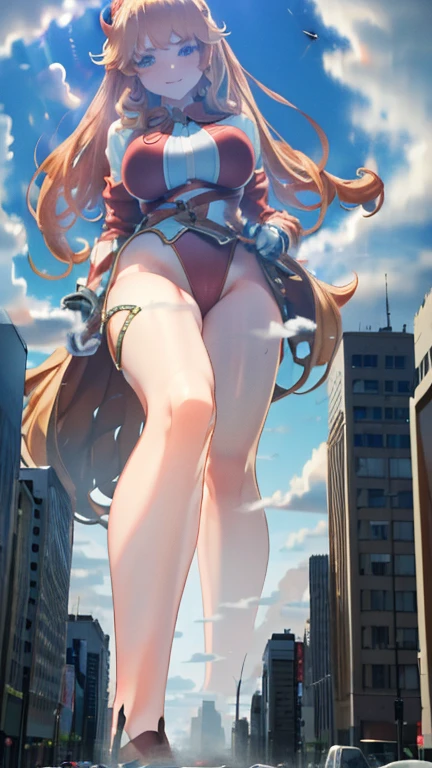 Giant Girl 50,000 feet high，Have a pair of long legs，Have a pair of huge breasts,Have a pair of huge breasts，Wearing a red bikini，Waist length blonde hair，Loose hair，Wear a pair of Mary Janes，Blonde curly hair，full of enjoyment，Standing firm in a crowded city, vandalism，It seems to be an invincible existence,Beautiful appearance，Exquisite makeup，quality，8K，高quality，(Governor:1.5)，Perfect proportion, theater lighting，Film Grain，Fuji Colors，8K，Textured Skin，Super Detail，High Detail，high quality，high resolution，thunderbolt，Fake laugh，morning，Perfect body,The face shape and eyes are super beautiful