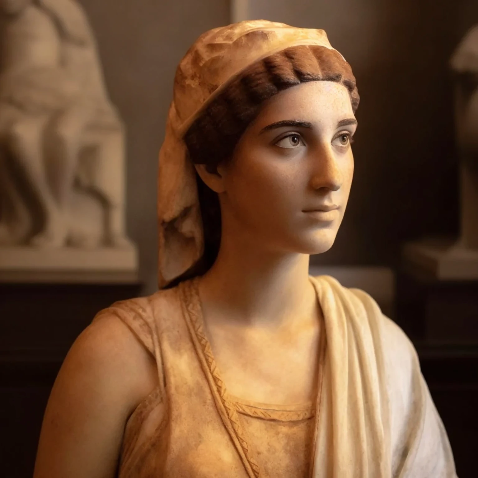 (best quality,4K,highly detailed foto full body shot),ancient Greek-style stone statue of a woman, topless; (thick) ((chubby)), soft skin, voluminous, seductive face expression, seductive smile, mesmerizing eyes, intricate headdress, delicate features, delicate carving details, smooth texture, captivating pose, elegant posture, radiant beauty, majestic presence, mystical aura, adorned with jewels and gold, regal attire, flowing robes, elaborate patterns, intricate engravings, rich color palette, warm earth tones, golden accents, soft lighting, dramatic shadows, mesmerizing gaze, enchanting atmosphere displaied in a museum