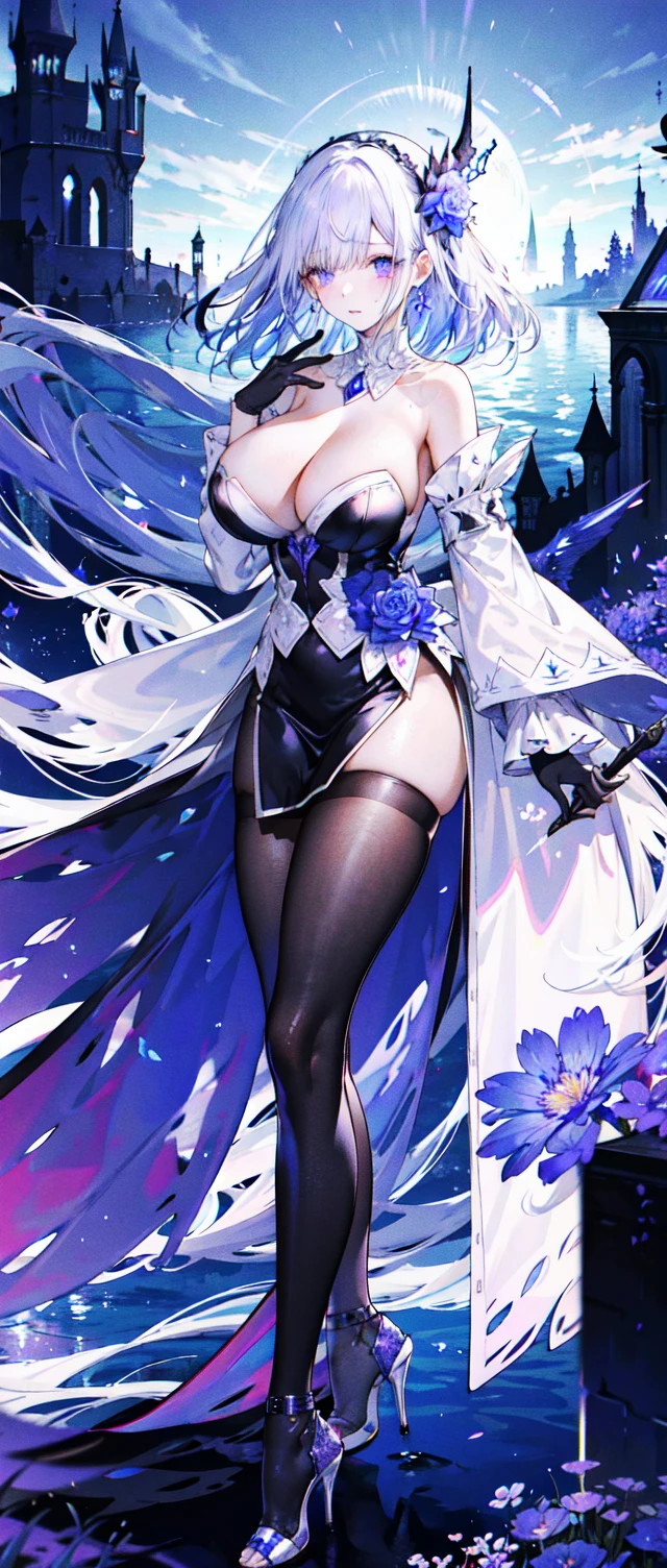((masterpiece:1.4,best quality)),(Super detailed),(Extremely detailed eyes),(black leggings,Shiny socks:1.5),Hello Darkness
(Cute girls),,(Blood-red pupils,Diamond-shaped pupil:1.15),Purple Eyeshadow,(elongated hair,Thick hair,Single ponytail,shiny hair:1.5)(Changes through:1.2),despair,sad,Empty eyes,tears streaming down my face,tilting its head to the side,
(She wore a blue dress,:1.5),(Black gloves:1.4)Very long plush sleeves,White,White Cloud,Dream bubbles ,Ice and glitter effects
(Black long skirt:1.1),
((Starry Sky:1.2)),
(Intense black and white:1.16),(Depth of Field:1.4),,Intricate details,(((Detailed background,Castle in the Sky,Purple flowers by the lake))),(((Huge breasts,Bare breasts,Deep cleavage,White stiletto high heels)))