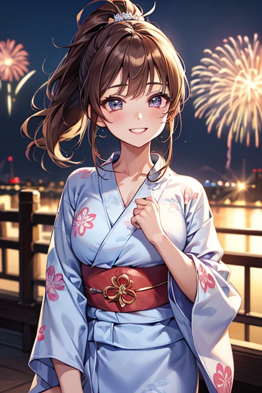 highest quality、In detail、「(((Beautiful single girl)))」、Highly detailed eyes and face、Cute Smile、Smiling with white teeth、(((yukata)))、Soaring、(Watch the fireworks)、ponytail、Large tear bags、double eyelid、Light blue yukata、Brown Hair