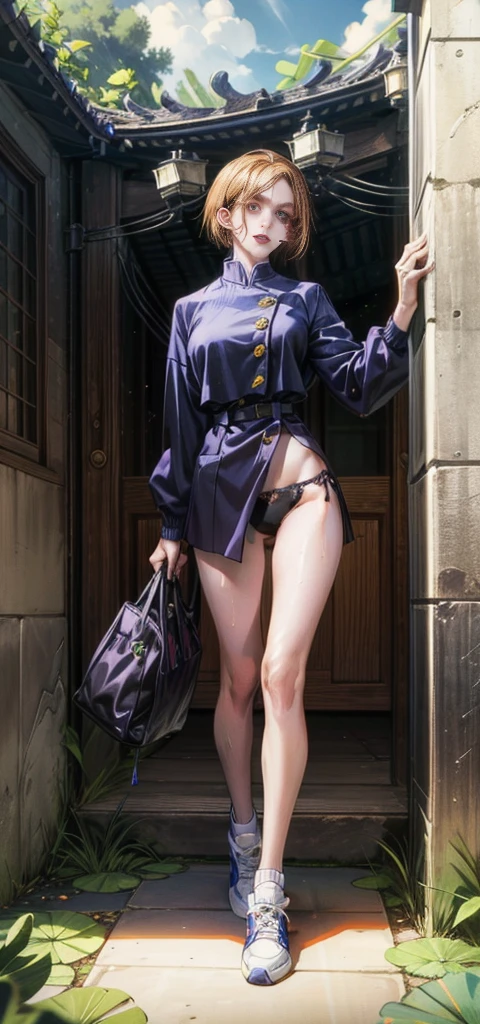 1female，32years old，huge-breasted，long leges，slenderlegs，Big breasts Thin waist，Pornographic exposure， solo，（Background with：bamboo forrest，lotuses，lotus flower，exteriors，Lotus pond） She has short black hair，Qi bangs，bobo head，standing on your feet，Sweat profusely，drenched all over the body，seen from the front， hair straight， mostly cloudy sky，（（（tmasterpiece），（Very detailed CG unity 8K wallpaper），best qualtiy，cinmatic lighting，detailed back ground，beatiful detailed eyes，Bright pupils，Black eyes，（Very fine and beautiful），（Beautiful and detailed eye description），ultra - detailed，tmasterpiece，）），facing at camera，A high resolution，ultra - detailed），revealing breasts，Bare genitalia，  Bulge，legs are open，Raised sexy，Camel toes，Flushed complexion，Open-mouthed，frontage，elementary student（Black baseball jacket，Denim panties，black sneaker shoes，nakeness）Full body photo，Show shoes，frontage
