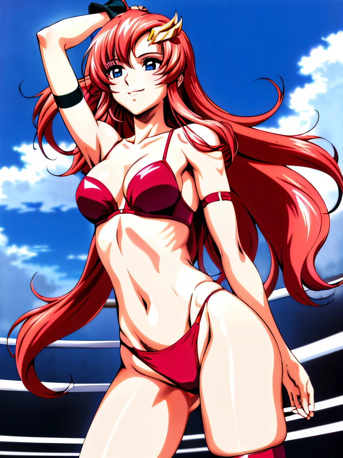 lacus4, (red bikini, running, thong, tall girl, masterpiece, cowboy shot, very slim shoulders, 4K, Best Quality, Anime style: 1.9, happy, Adult Woman, (ultra detailed head), (Crowd, cloud background), Drawing lines, high resolution, lacus4), 1girl, Solo, curvy figure, clavicle, scapular, (Detailed wide hair bangs, very long hair, Hair Ornament, Detailed reddish-pink hair, shiny streaks, slim arms, detailed golden crest), cleavage, large hands, (hair cover shoulders). (Big blue eyes, shiny eyes), ((female wrestler, (slim body), slim arms, thighs)), ((perfect proportions, medium-small breasts, medium thighs, long belly)), ((totally red bra, leg strap)), smile with a wink, (standing, hot colors), detailed fingers, (bare shoulder, stretching, one arm up, looking away)