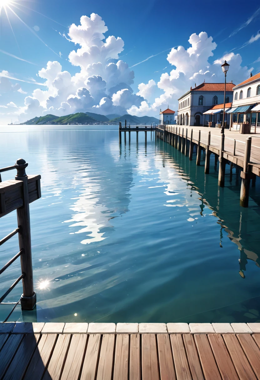 port, (masterpiece:1.2), (best quality:1.2), (very aesthetic:1.2), (absurdres:1.2), (detailed background), photograph, Quay, Pier, background, calm, Calm Day, noon, sunny, White cloud, Ripples, Ocean