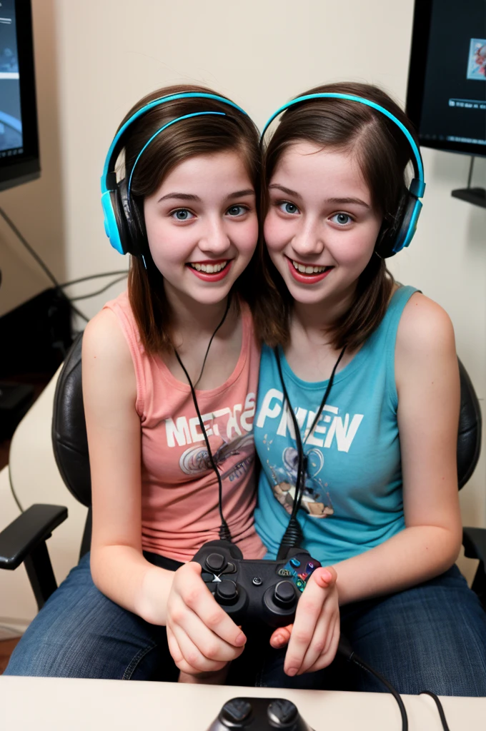 2heads, two headed girl, gamer, nerdy, chubby, age 16, playing game, holding controller, wearing gaming headset, American, cute,