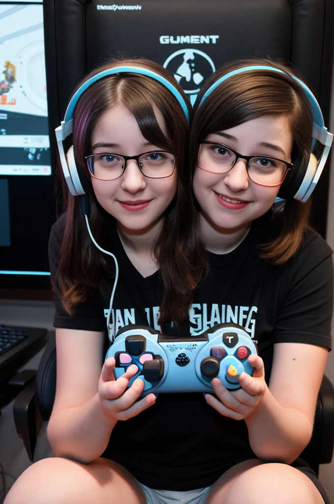 2heads, two headed girl, gamer, nerdy, chubby, age 16, playing game, holding controller, wearing gaming headset, American, cute,