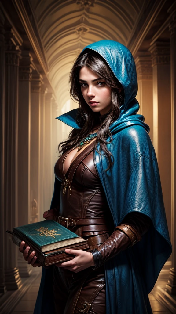 Speed painting of portrait of a fantasy female brunette human adventurer, with a blue hood, in a temple, D&D character, holding a large leather bound book with butterfly on the book cover