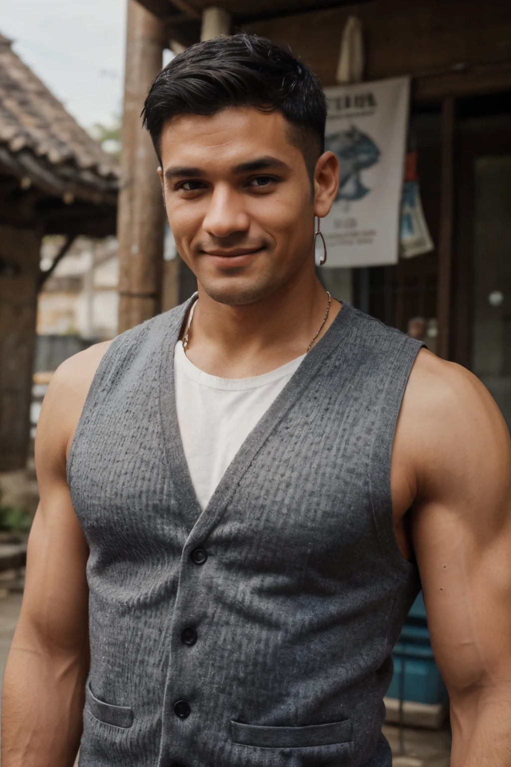 a man wearing a gray vest, his black short hair, in the head wore a little cloth, has placed the hook with fishes in his shoulder, has a medium muscular body, he smile sexy, aged 23, at village he looks poor