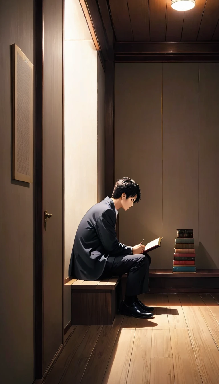 座って本を持ちながらMan staring at wall、Inside the room、Man staring at wall、Sitting、I have a book