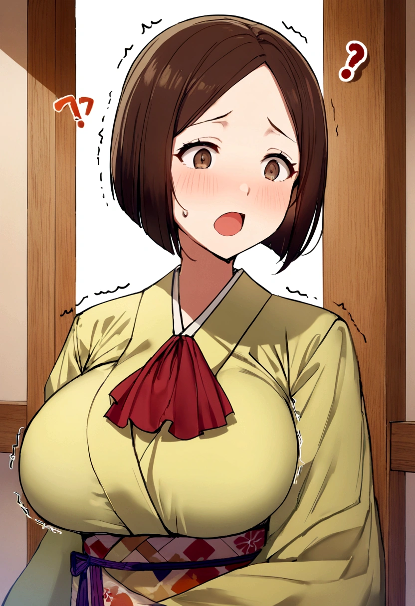 highest quality, Detailed face, Fine grain, One girl, alone, Multiple panel breaks, (Girl at the Japan shrine) , (Bobcut:1.5), (Side-parted bangs:1.5), (Dark brown hair:1.5), (Brown eyes:1.5), short hair, Small breasts, (Huge breasts), :d, (trembling:1.2), (Severe, Frowning:1.1), (Japanese Made Kimono:1.3), Maid&#39;s Headdress, indoor, (Red Ascot:1.5), Embarrassing,Shocked, Breast enlargement, (Motion Lines:0.7), trembling, Look at the chest, (Embarrassing:1.3),Shocked, Excited, breast focus, (bursting breasts:1.2), (exclamation mark:1.2), heart, BESequence, Bet Tote, Front and rear,Alongside
