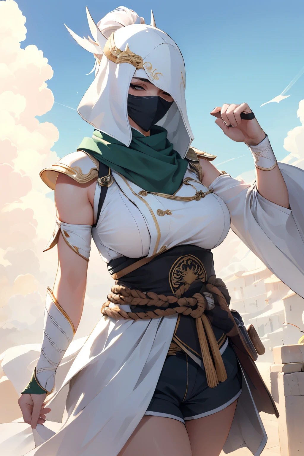 (mejor calidad,4k,8K,A high resolution,obra maestra:1.2),fondo de humo, akali, 1 giant breasted girl, largo_la manga,capucha blanca,shorts blancos,,Tatuado con , Permanent, lleno_cuerpo, arma,hoz,dagas,,botas blancas, Leucorrhoea,white mask,Actividades al aire libre,edificios