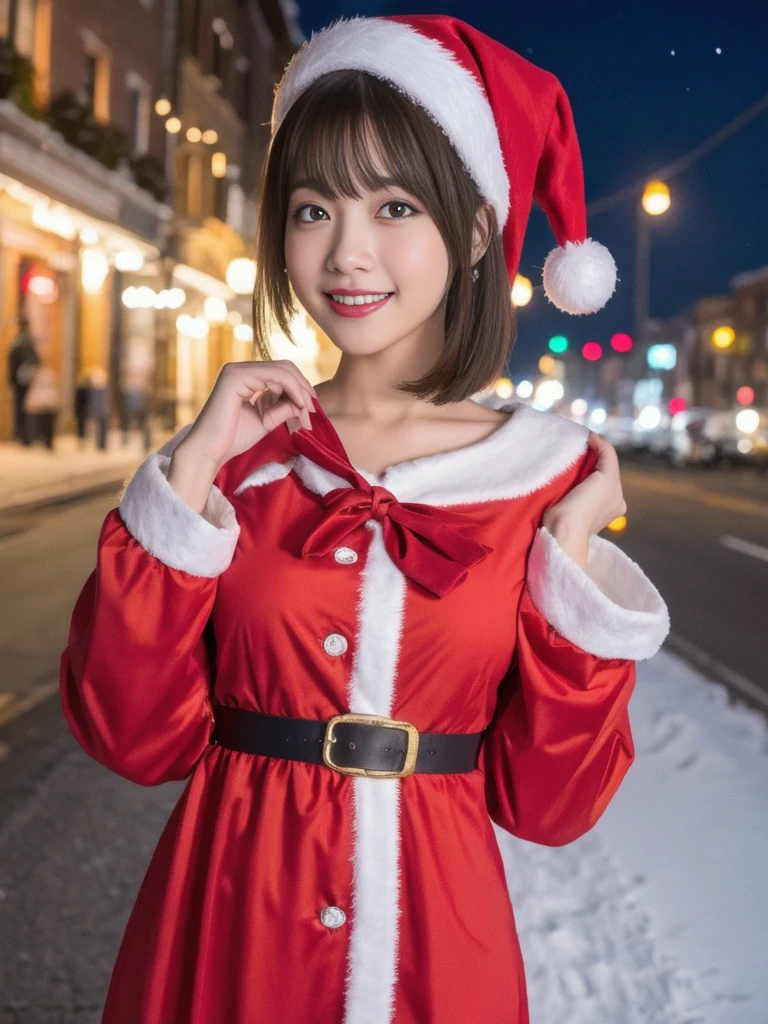 1girl, (santa claus costume:1.5), symmetry, beautiful cute young girl, slender figure, (ultra short hair:1.5), ultra big smile, (Beautiful large round droped detailed eyes:1.0), beautiful detailed lips, extremely detailed face, natural makeup, Incredibly beautiful skin, (best quality,4k,8k,highres,masterpiece:1.75),(ultra-detailed,realistic,photorealistic,photo-realistic:2.0),professional,vivid colors,studio lighting,snowing night town,christmas eve
