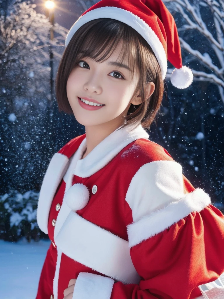 1girl, (santa claus costume:1.5), symmetry, beautiful cute young girl, slender figure, (ultra short hair:1.5), ultra big smile, (Beautiful large round droped detailed eyes:1.0), beautiful detailed lips, extremely detailed face, natural makeup, Incredibly beautiful skin, (best quality,4k,8k,highres,masterpiece:1.75),(ultra-detailed,realistic,photorealistic,photo-realistic:2.0),professional,vivid colors,studio lighting,snowing night town,christmas eve