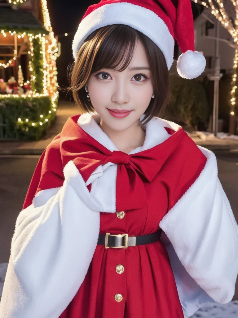 1girl, (santa claus costume:1.5), symmetry, beautiful cute young girl, slender figure, (ultra short hair:1.5), ultra big smile, (Beautiful large round droped detailed eyes:1.0), beautiful detailed lips, extremely detailed face, natural makeup, Incredibly beautiful skin, (best quality,4k,8k,highres,masterpiece:1.75),(ultra-detailed,realistic,photorealistic,photo-realistic:2.0),professional,vivid colors,studio lighting,snowing night town,christmas eve