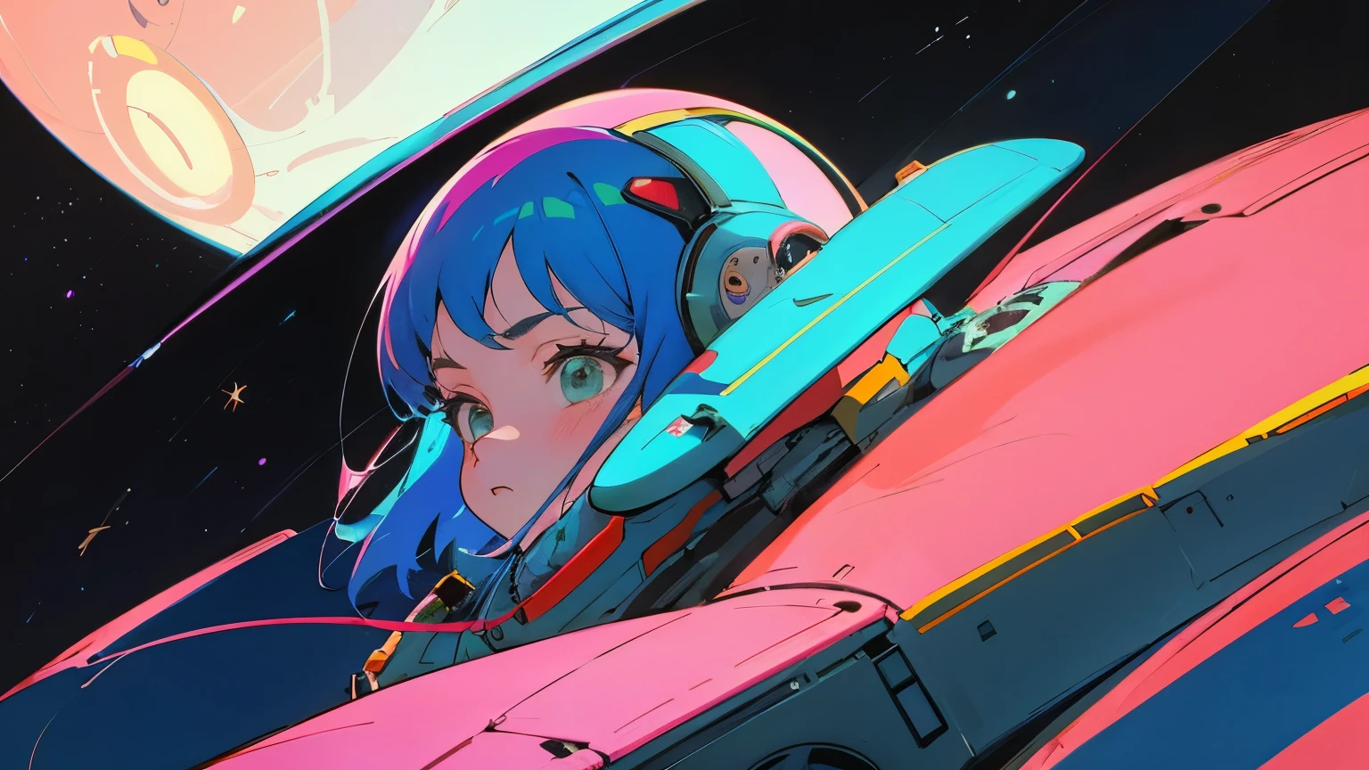 A cartoon character wearing a space suit and flying an airplane, Portrait Anime Astronaut Girl, Pilot Girl, cute Pilot Girl, Lo-fi Girl, Akira art style, Macross Style, Akira-style illustration, style of akira motion movie, M cross, Akira Vibe, Inspired by Josan Gonzalez, Lofi Art, Admire the art style, 80s anime art style