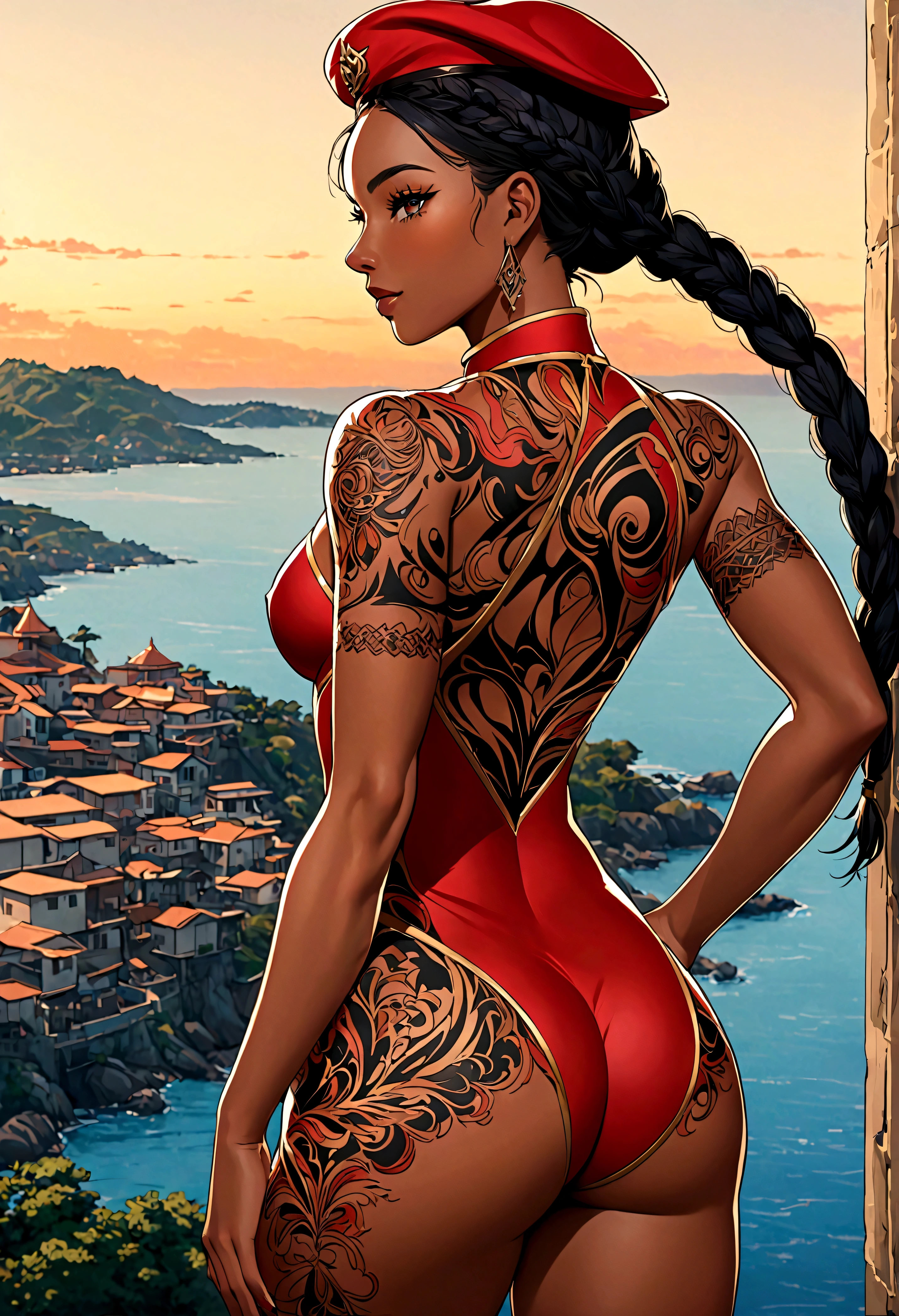 connie maheswaran age 25, ( extremely detailed CG, Mahagony-skinned female with dark Reddish-brown skin, black eyes, and phoenix back tattoo, wearing a full-body open back leotard, mini shorts with stars on the back pockets and a baret holding her black hair tight dragonbraid. strong , well-built, Perfect hourglass physique, amazing skin, strong oblong-shaped face, narrow convex hooked nose. strong, toned, wide heart hips,, biting lips enticingly, catching your eye, waving you closer to her). +( overlooking a coastal city with hands in her pockets,looking over her shoulder ,playful bottom hit) :+(view from behind, hd illustration, extreme long shot, rendered in Unreal Engine 5, hyper-realistic, , 128k, ultra - HD, intricate detail, super - res, webcomic animation, ink art, full-length portrait, wide-body shot, alluring aura and stare , ink art,Black ink,tattoo design outline, Lineart, brush art ,thin line animation, ultra-HD masterpiece, highest quality, highly detailed facial expressions,realistic expression, perfect piece, perfect prompt ,full length, best quality, intricately accurate facial and physical structure, intricately realistic expression and emotion, accurate colored complexion, accurate body anatomy, intricate bodypaint, complex hairstyles, intricate character detail, intricately expressive, intricate color design, complex emotions,) 