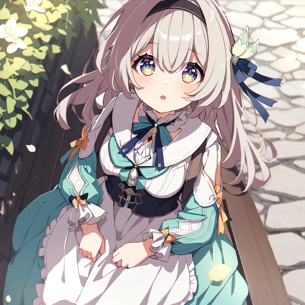 firefly \(honkai: star rail\),((solo:1.2)),cute girl sitting on bench in garden,frilled dirndl,from above,looking up,cobblestone pavement,fine bob cut,(dappled sunlight:1.2),blurry,(depth of field:1.1),head tilt,:o,(petals),tree,butterfly