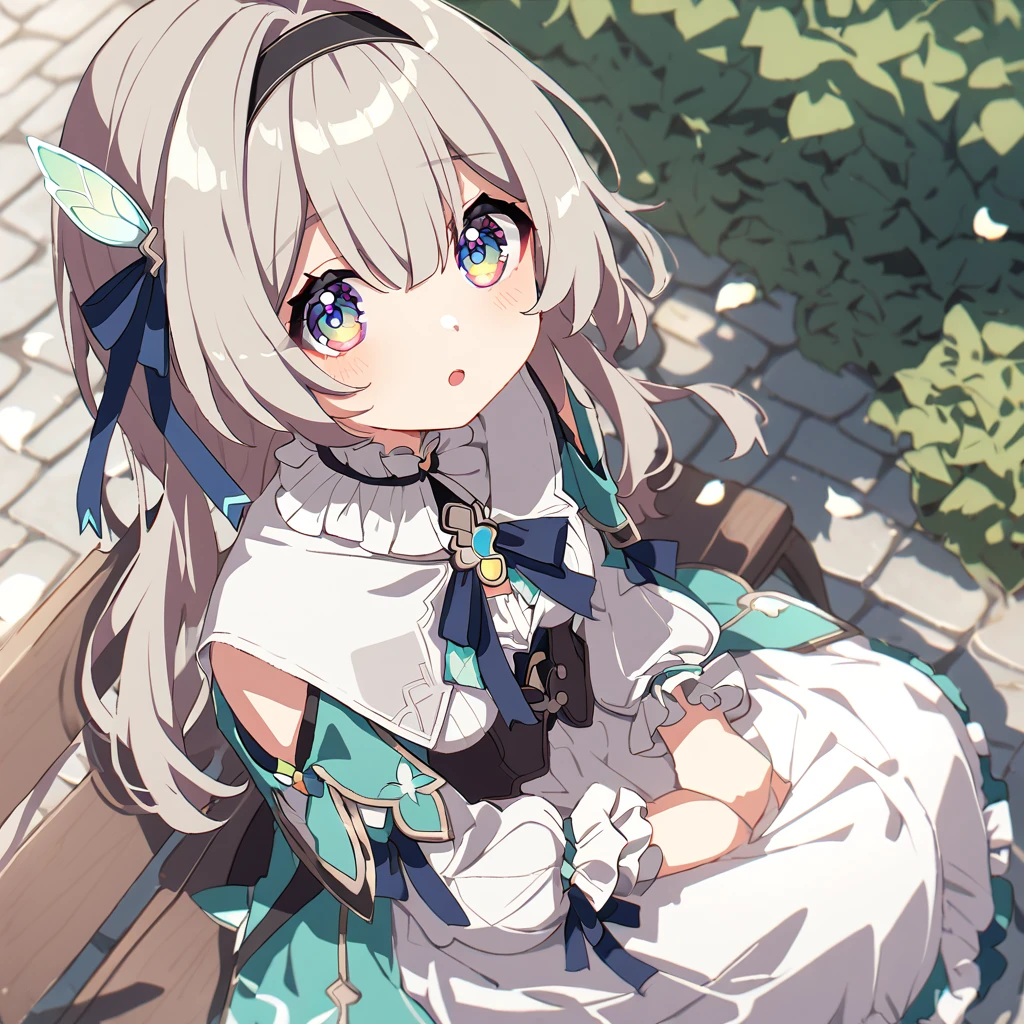 firefly \(honkai: star rail\),((solo:1.2)),cute girl sitting on bench in garden,frilled dirndl,from above,looking up,cobblestone pavement,fine bob cut,(dappled sunlight:1.2),blurry,(depth of field:1.1),head tilt,:o,(petals),tree,butterfly