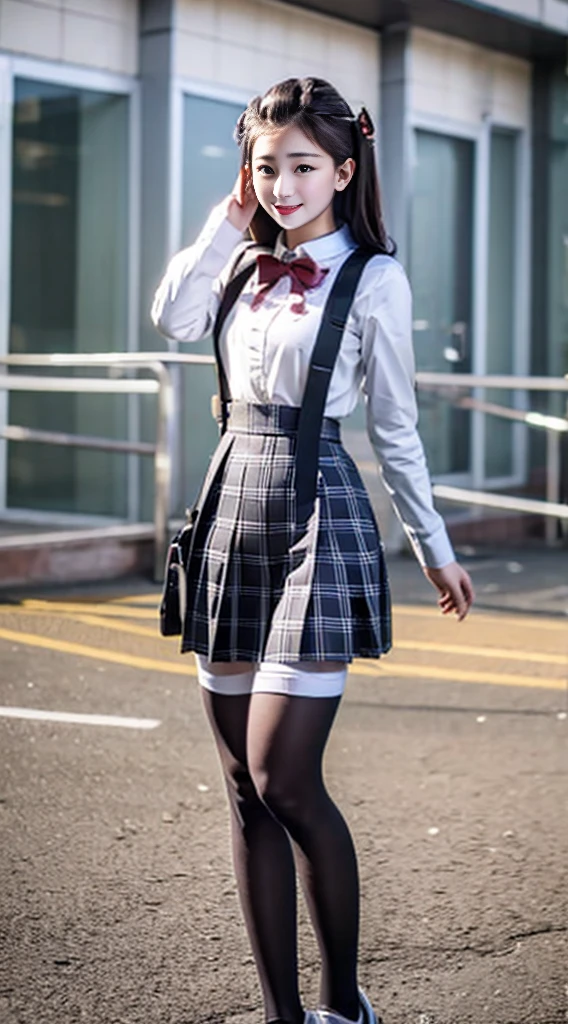 Highest quality、highest quality、16K quality、Highly detailed figure、Highly detailed face、Highly detailed eyes、Highly detailed nose、Highly detailed facial expressions、Highly detailed full body、Being in reality、16-year-old girl、Introvert、main character、High 、White shirt、Uniform skirt、Close to the skin、Tight、High school student plaid skirt、16 year old girl's breasts、Full body photo、Are standing、Emphasizes the beauty of thigh muscles、Full body photo、black tights、School classroom、Front view