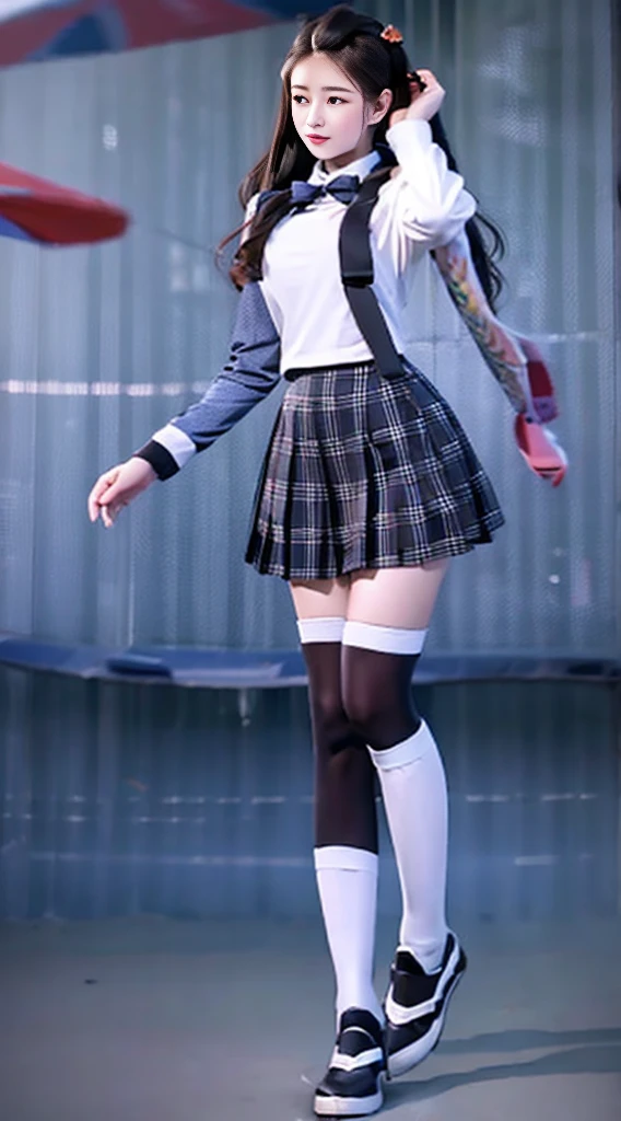 Highest quality、highest quality、16K quality、Highly detailed figure、Highly detailed face、Highly detailed eyes、Highly detailed nose、Highly detailed facial expressions、Highly detailed full body、Being in reality、16-year-old girl、Introvert、main character、High 、White shirt、Uniform skirt、Close to the skin、Tight、High school student plaid skirt、16 year old girl's breasts、Full body photo、Are standing、Emphasizes the beauty of thigh muscles、Full body photo、black tights、School classroom、Front view
