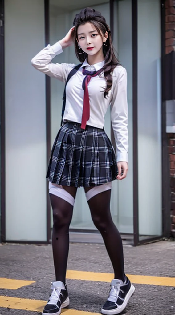 Highest quality、highest quality、16K quality、Highly detailed figure、Highly detailed face、Highly detailed eyes、Highly detailed nose、Highly detailed facial expressions、Highly detailed full body、Being in reality、****************、Introvert、main character、High 、White shirt、Uniform skirt、Close to the skin、Tight、High school student plaid skirt、16 year old girl's breasts、Full body photo、Are standing、Emphasizes the beauty of thigh muscles、Full body photo、black tights、School classroom、Front view