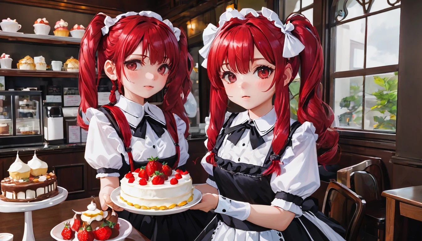 Promotional Photos, The location is a coffee shop, 1 girl, The face of a , The waitress is bringing the cake to the table, Red hair twin tails, Kind Face, A strawberry-inspired half-gothic lolita and half-maid costume, Dress in white,