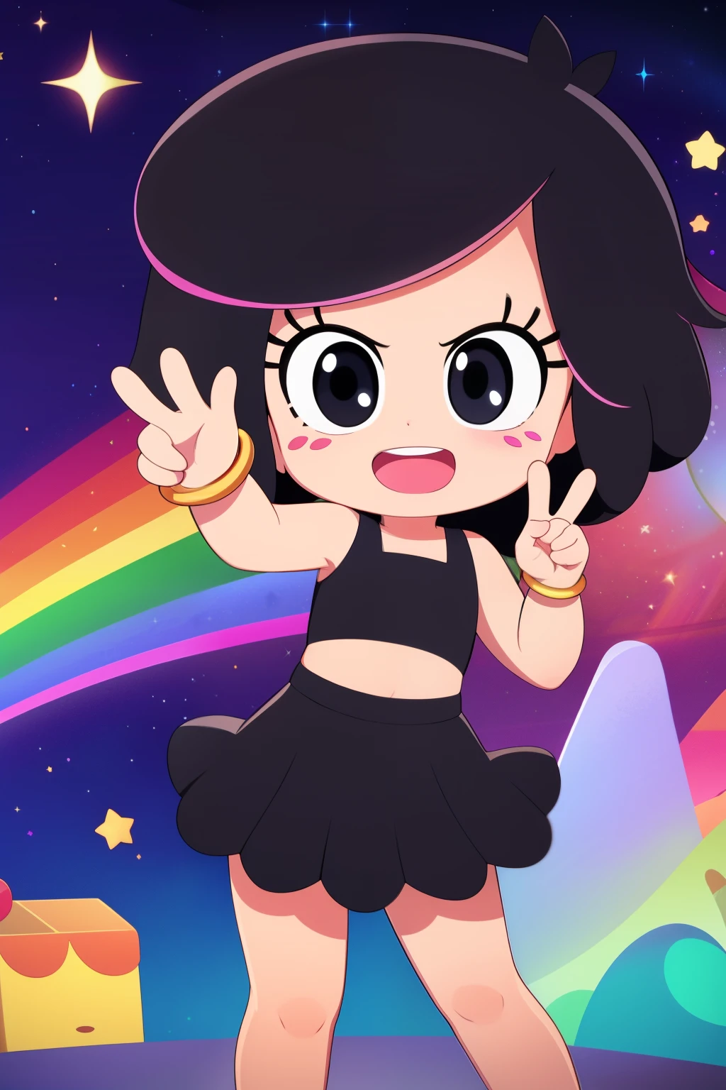 (masterpiece), 1girl, solo, hanazuki, black hair, highlights, black eyes, pink nose, freckles, bracelet, black crop-top, black skirt, trimmings, glowing body, ,dynamic pose, peace sign, laughing, joyful, space, galaxy, rainbow,