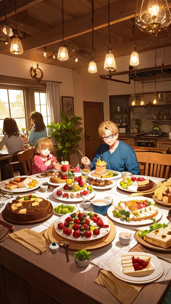Sure, here is the translated prompt in English:
---
**Prompt:**
"A family of four (father, mother, and two children) is gathered around a dining table in a cozy, well-lit kitchen. Everyone is smiling and enjoying delicious desserts. The table is decorated with colorful plates, glasses, cutlery, and a large platter of various desserts in the center, such as cakes, pies, and fruits. The atmosphere is warm and inviting, with natural light streaming through the window and green plants in the background. The family members are animatedly conversing and sharing happy moments while savoring the desserts. The scene conveys a sense of togetherness, joy, and family comfort."