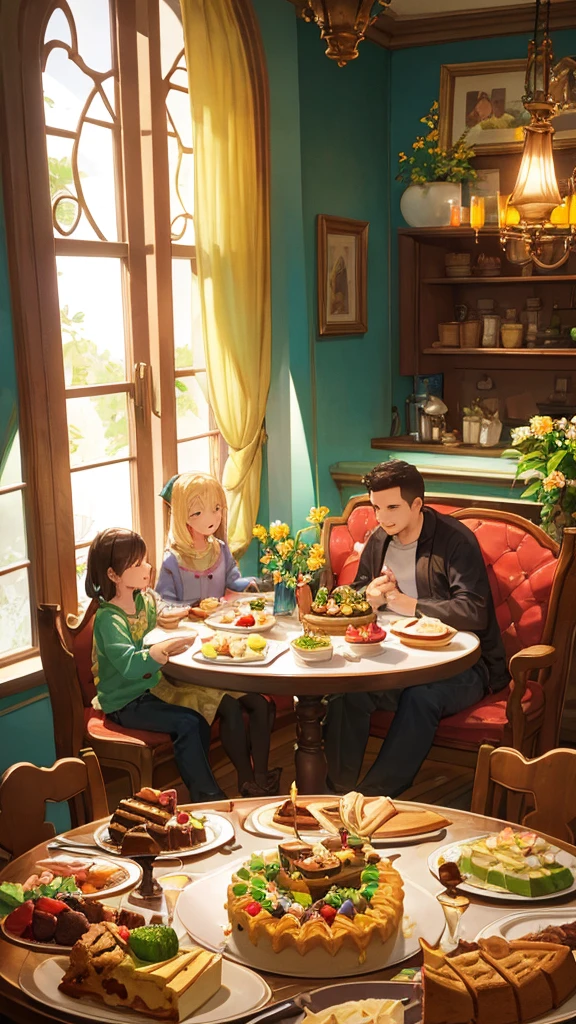 Sure, here is the translated prompt in English:
---
**Prompt:**
"A family of four (father, mother, and two children) is gathered around a dining table in a cozy, well-lit kitchen. Everyone is smiling and enjoying delicious desserts. The table is decorated with colorful plates, glasses, cutlery, and a large platter of various desserts in the center, such as cakes, pies, and fruits. The atmosphere is warm and inviting, with natural light streaming through the window and green plants in the background. The family members are animatedly conversing and sharing happy moments while savoring the desserts. The scene conveys a sense of togetherness, joy, and family comfort."