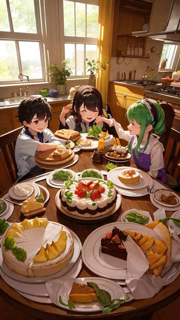 Sure, here is the translated prompt in English:
---
**Prompt:**
"A family of four (father, mother, and two children) is gathered around a dining table in a cozy, well-lit kitchen. Everyone is smiling and enjoying delicious desserts. The table is decorated with colorful plates, glasses, cutlery, and a large platter of various desserts in the center, such as cakes, pies, and fruits. The atmosphere is warm and inviting, with natural light streaming through the window and green plants in the background. The family members are animatedly conversing and sharing happy moments while savoring the desserts. The scene conveys a sense of togetherness, joy, and family comfort."