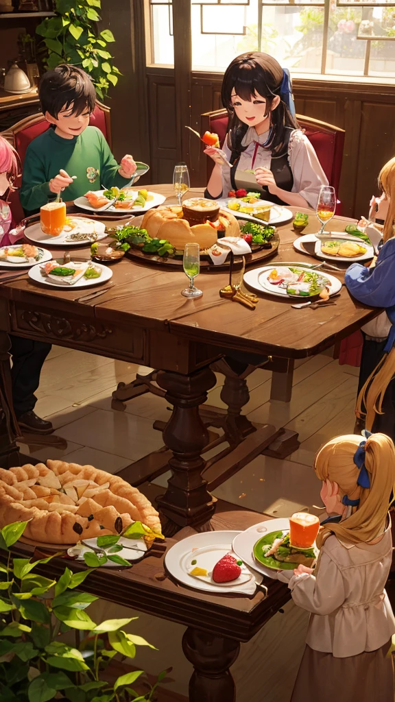 Sure, here is the translated prompt in English:

---

**Prompt:**

"A family of four (father, mother, and two children) is gathered around a dining table in a cozy, well-lit kitchen. Everyone is smiling and enjoying delicious desserts. The table is decorated with colorful plates, glasses, cutlery, and a large platter of various desserts in the center, such as cakes, pies, and fruits. The atmosphere is warm and inviting, with natural light streaming through the window and green plants in the background. The family members are animatedly conversing and sharing happy moments while savoring the desserts. The scene conveys a sense of togetherness, joy, and family comfort."

