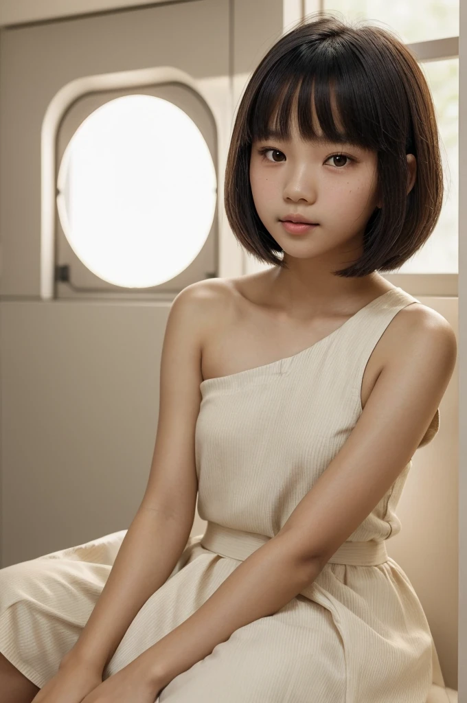 a Filipino asian, has  wispy BANGS and short(shoulder length)hair, oval shaped head, plump round lips (small lips)with a mole on the side of her lips(like chaeyoung's beauty mark from twice), almond and little round eyes, and straight eye brow, and skinny small nose, had a Little light and brown skin.(14 years old) cute