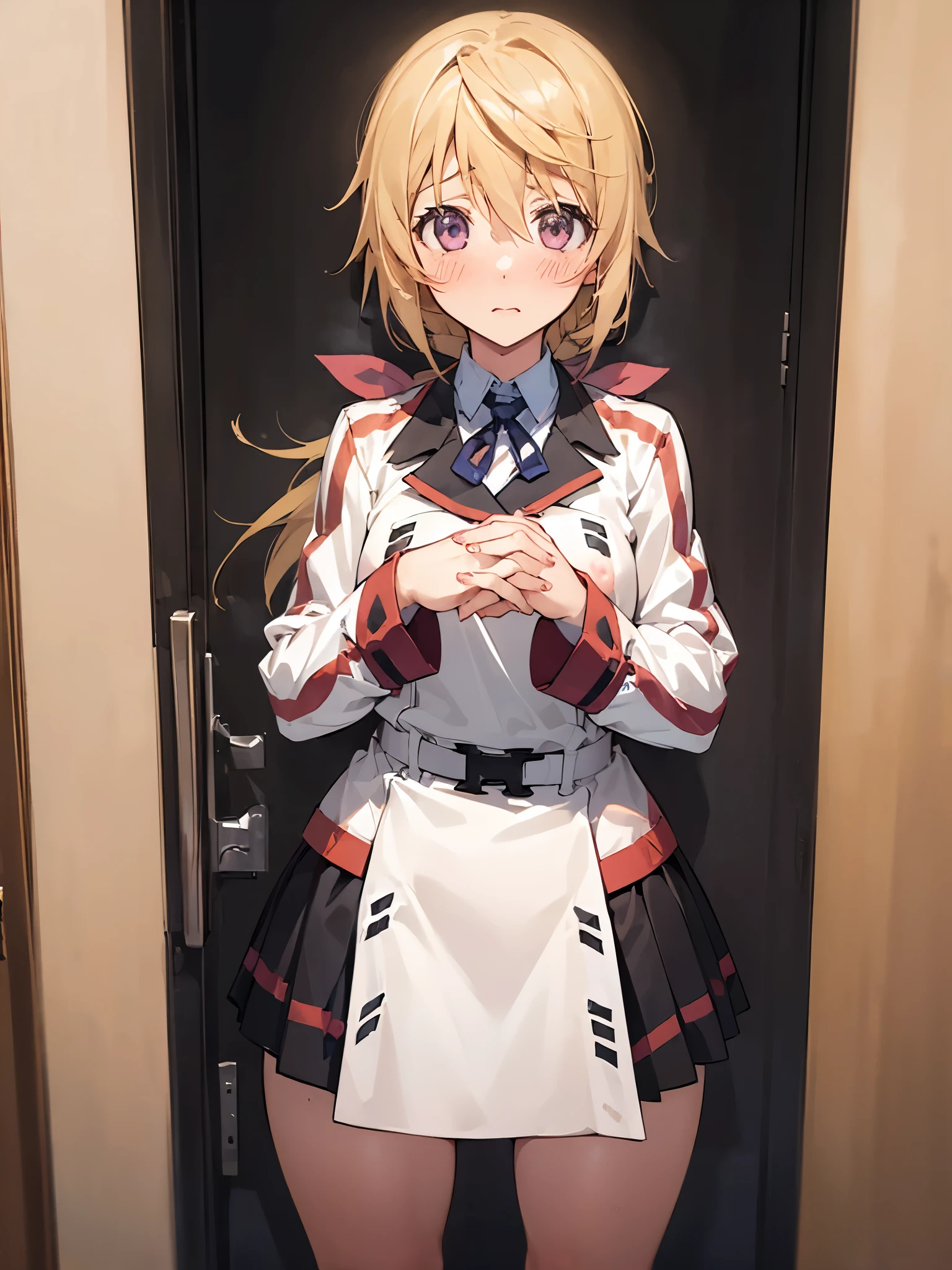 NSFW,(One girl:1.5),sd1、Charlotte Dunois、ponytail、uniform、skirt、Hair Ribbon、belt、Long sleeve,(Perfect hands),(Perfect Anatomy),(masterpiece),(highest quality),Embarrassed,blush,locker room