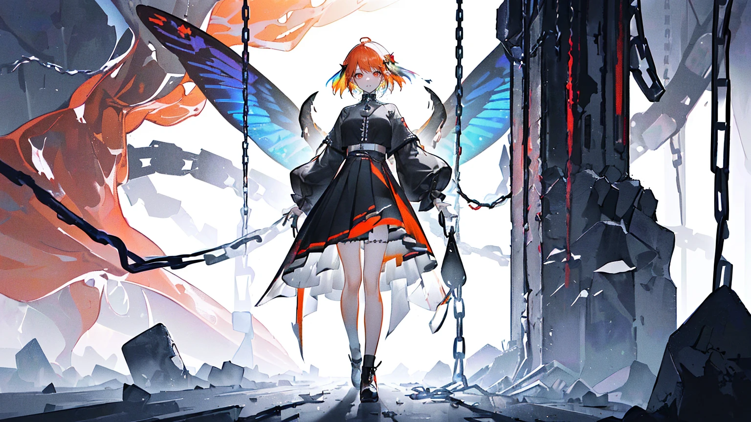 (Super detailed)),((illustration)),((masterpiece)),(((need))),((fine、Highest quality CG Unity 8K wallpapers,masterpiece),((4k,masterpiece,best quality)),Woman with short orange hair,Rainbow eyes,Tall,Sexy body,Big breasts,Pointed ears,Elf,cold,In an empty dream,Black and White,Black and White相间的女仆装,Black shoes,Under the skirt is decent clothing,Hanging red-hot chains in the air,Chains sticking out from the ground,Tied by chains,There are fallen leaves under my feet,Colorful butterflies,Colorful wings,Standing in the middle,Chains on hands,Red leg ring,Red collar,A rainbow across the sky,Red heart hanging from a chain,Full body picture