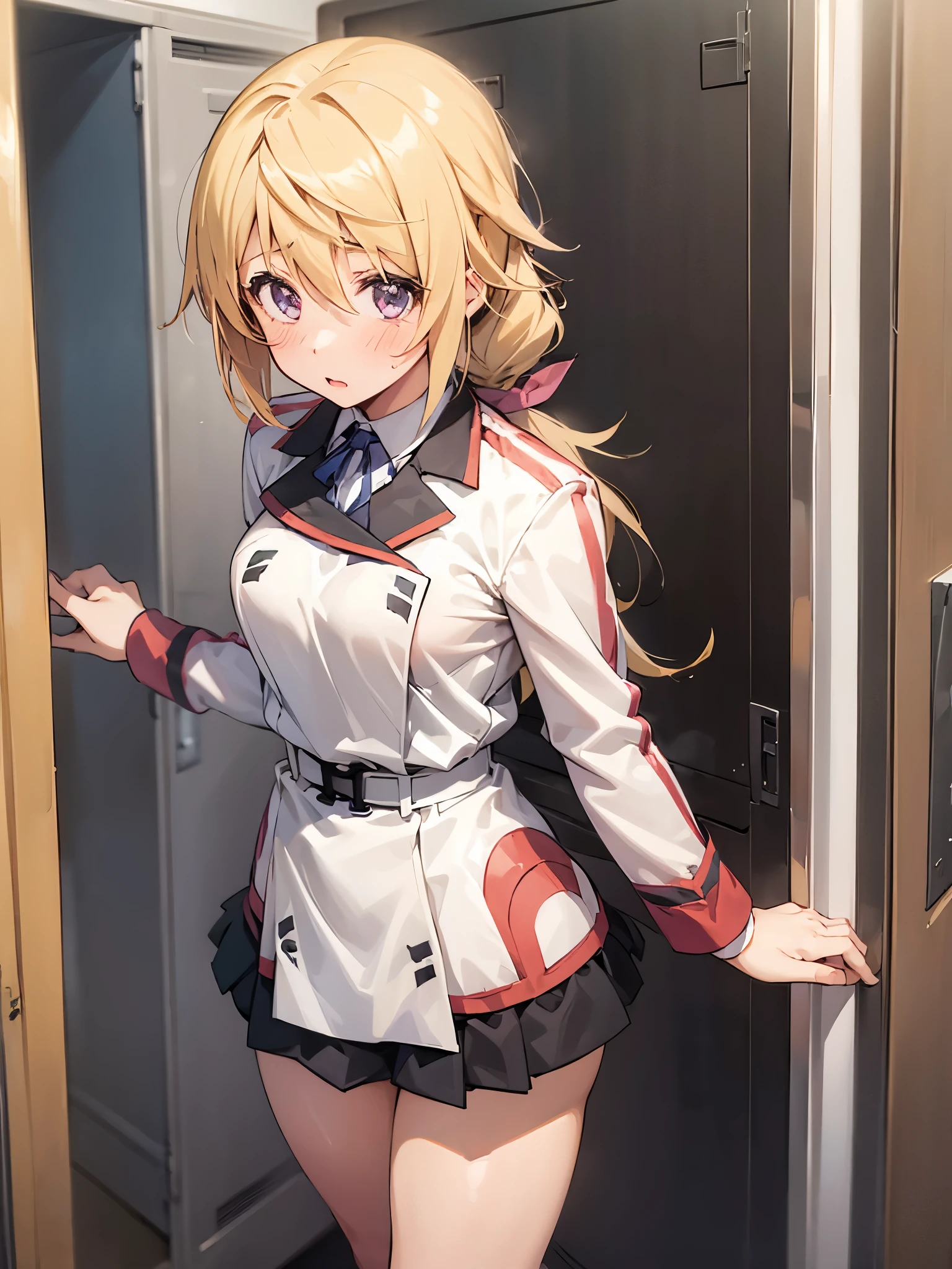 NSFW,(One girl:1.5),sd1、Charlotte Dunois、ponytail、uniform、skirt、Hair Ribbon、belt、Long sleeve,(Perfect hands),(Perfect Anatomy),(masterpiece),(highest quality),Embarrassed,blush,locker room