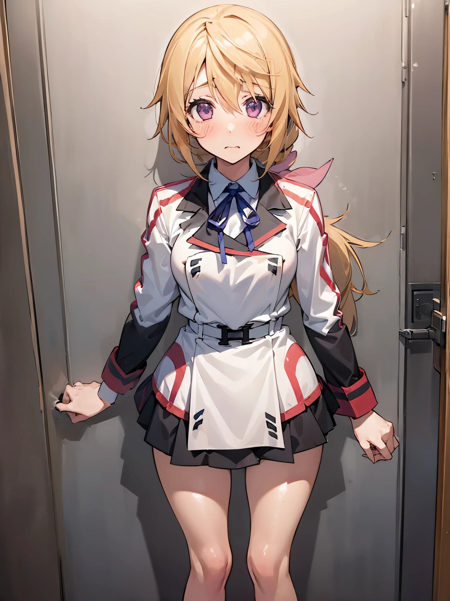 NSFW,(One girl:1.5),sd1、Charlotte Dunois、ponytail、uniform、skirt、Hair Ribbon、belt、Long sleeve,(Perfect hands),(Perfect Anatomy),(masterpiece),(highest quality),Embarrassed,blush,locker room