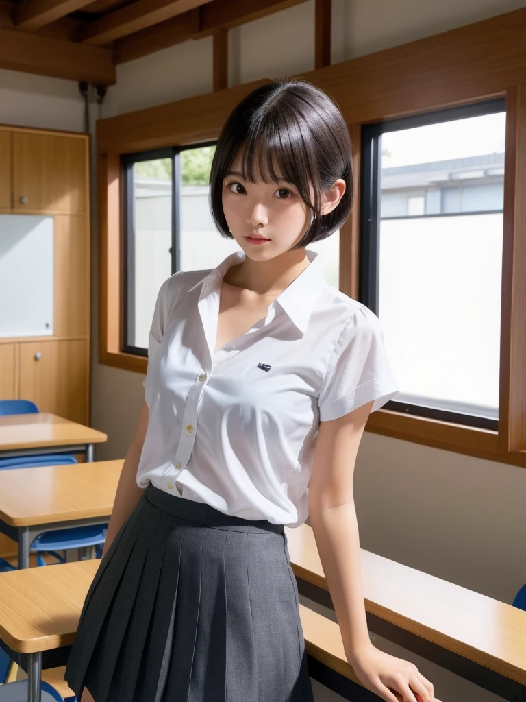 (8k, Photorealistic, Raw photo, Highest quality: 1.4),Japanese idol-style beautiful girl,1 person,17 years old,Hairstyle(Short Bob,Black),She has her hair tucked behind her ears,Large, clear grey eyes,Long eyelashes,Plump Cheeks,Slim and delicate shoulders and abdomen,(Open shirt,Full front opening),Pleated skirt,School classroom,Full body portrait