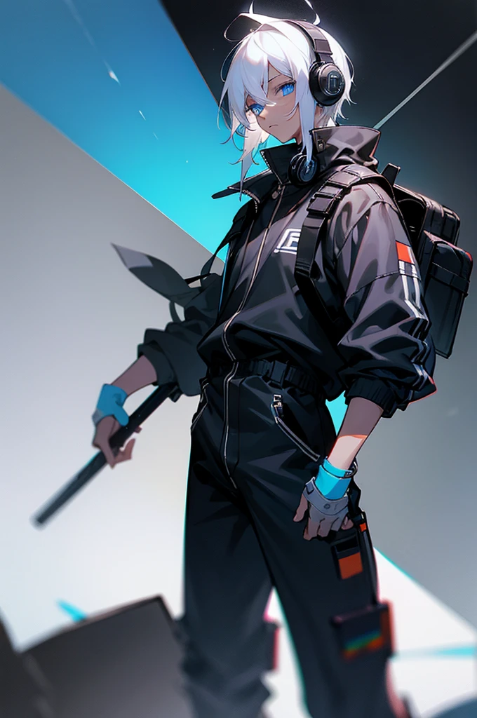  adult, Male, white hair, blue Eyes, African American skin color, black jumpsuit, headphones, Armed.



