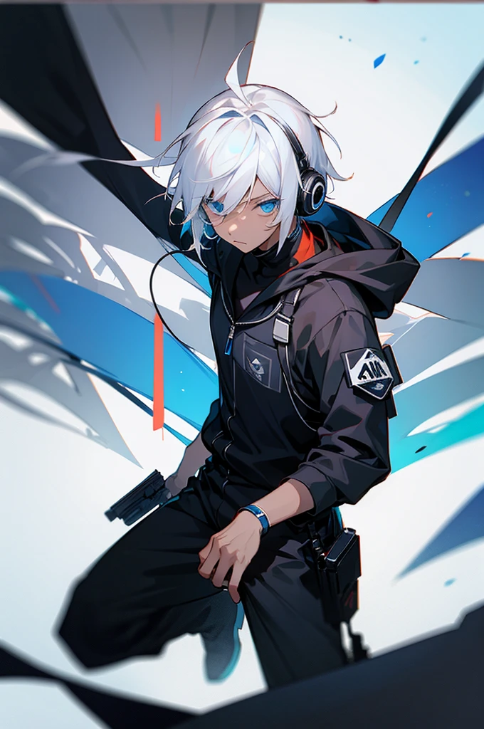 adult, Male, white hair, blue Eyes, African American skin color, black jumpsuit, headphones, Armed.