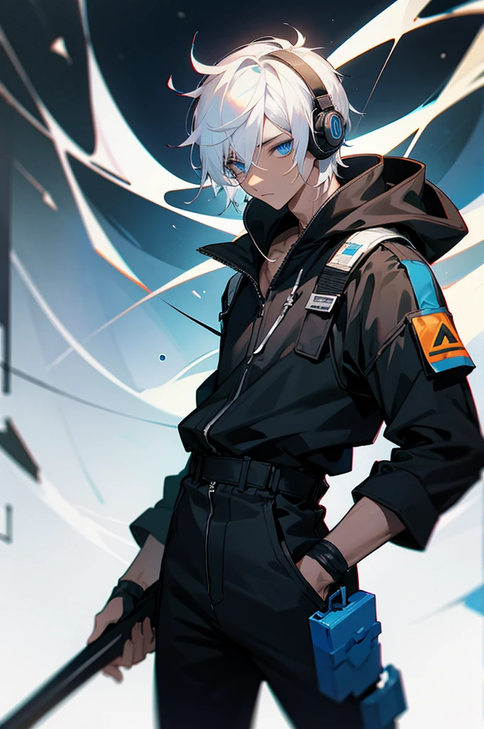 Young adult, Male, white hair, blue Eyes, African American skin color, black jumpsuit, headphones, Armed.